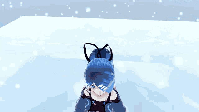 a girl with blue hair and bunny ears is standing on a snowy surface