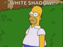 homer simpson from the simpsons is standing in front of a bush and says `` white shadow ! ''