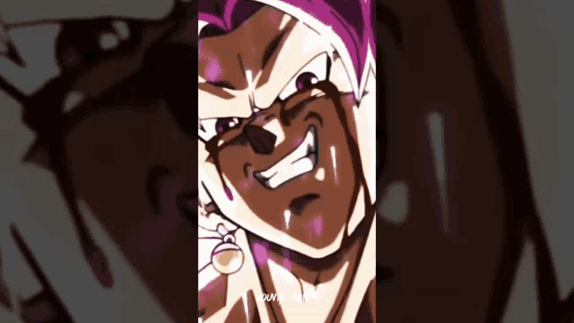 a close up of a cartoon character with purple hair and a smile on his face .