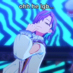 a purple haired anime girl is standing in front of a blue and white striped background and says ohh he lgb .