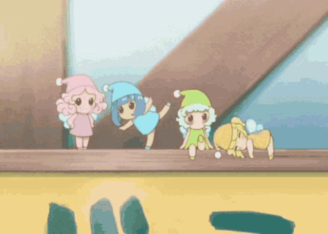 three cartoon characters are standing next to each other on a ledge