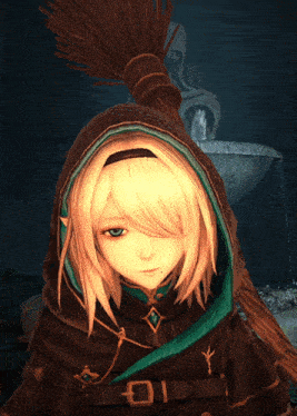 a cartoon character with a hood and a broom