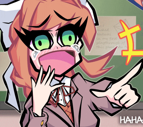 a cartoon drawing of a girl with green eyes and the word haha in the corner