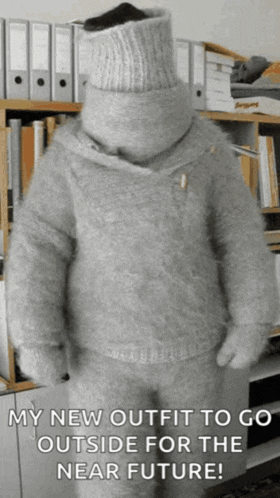 a person wearing a sweater with a turtleneck and gloves says my new outfit to go outside for the near future