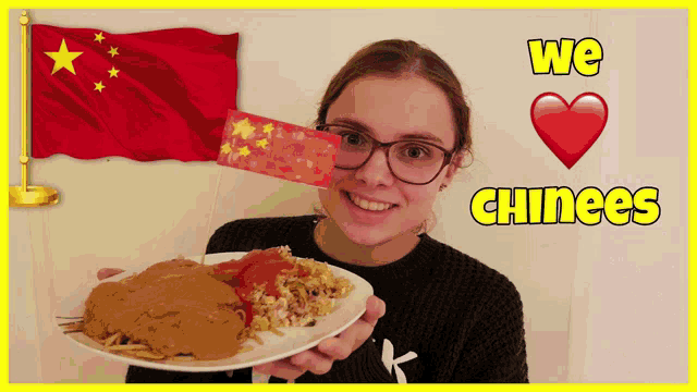 a woman holding a plate of food in front of a chinese flag and the words we chinees above her