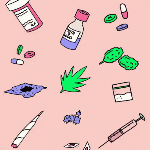 a pink background with a bottle of meth and a syringe