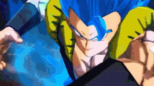 a cartoon character with blue hair and a yellow shirt