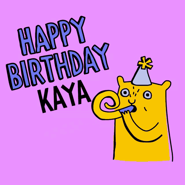 a birthday card with a cat wearing a party hat that says " happy birthday kaya "