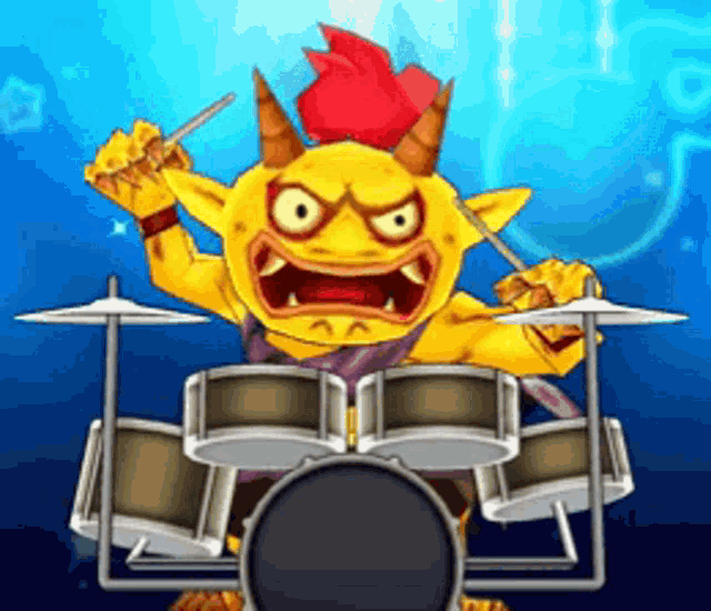 a cartoon monster is playing drums and has a red mohawk on his head
