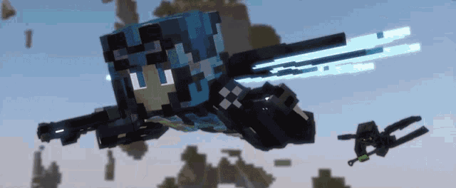 a minecraft character flying through the air with a gun
