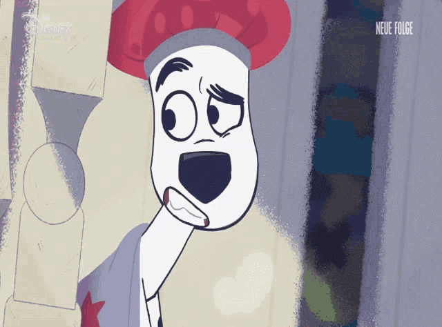 a cartoon of a dog wearing a red hat with the words neue folge on the bottom right