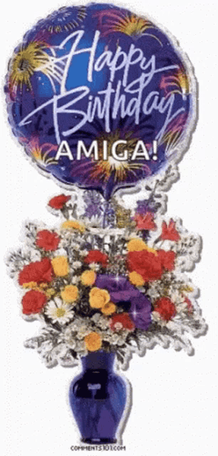 a happy birthday amiga balloon with flowers in a blue vase