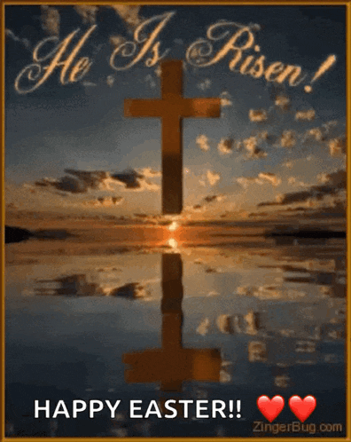 a picture of a cross with the words he is risen written on it