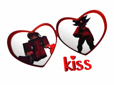 two red hearts with the word kiss in red