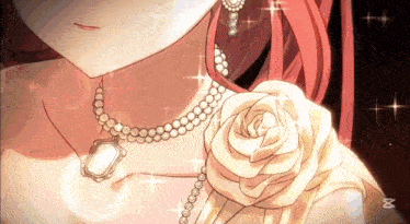 a girl with red hair is wearing a necklace and earrings
