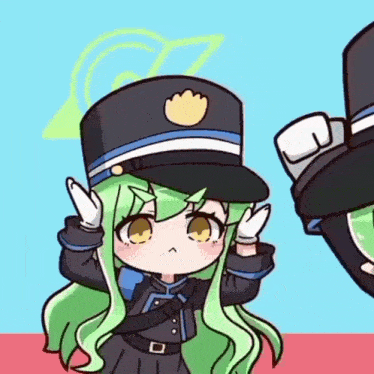 a cartoon of a girl with green hair wearing a police uniform