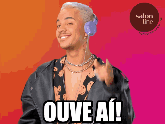 a man wearing headphones says ouve ai in a pink background
