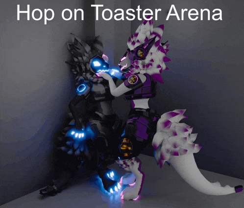 a drawing of a fox and a dragon with the words hop on toaster arena