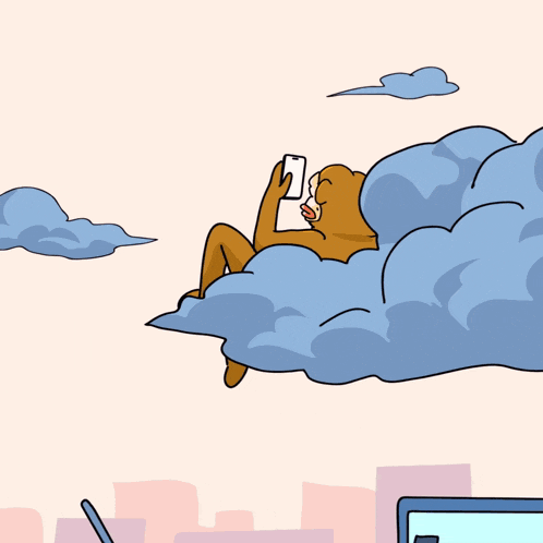 a cartoon of a bear laying on a cloud looking at his phone
