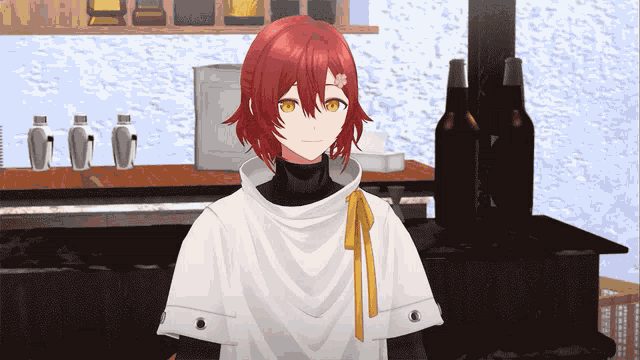 a girl with red hair and yellow eyes is standing in front of a counter