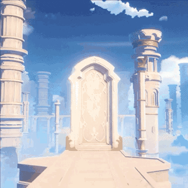 a white door is surrounded by columns in a cloudy sky