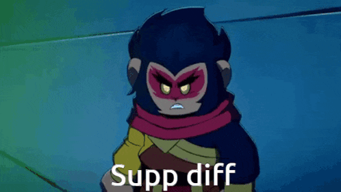 a cartoon character wearing a red cape is standing in front of a blue wall and says supp diff .