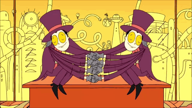 a cartoon drawing of a man in a purple top hat