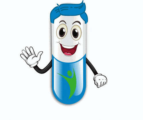 a cartoon illustration of a blue and white capsule with arms and a smiling face