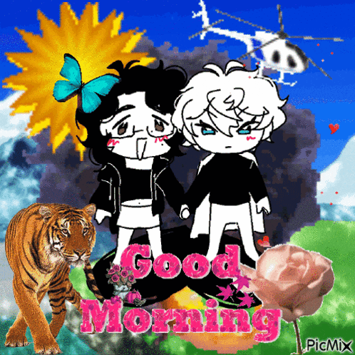 a picture of a boy and a girl holding hands with the words good morning