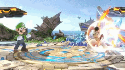 a video game character , luigi , is fighting a video game character in a video game .