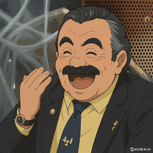 a cartoon drawing of a man with a mustache wearing a yellow shirt and tie