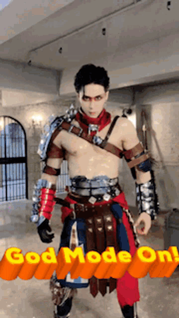 a man in a costume with the words god mode on