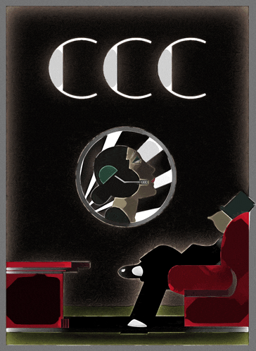 a poster for ccc shows a man sitting in a red chair
