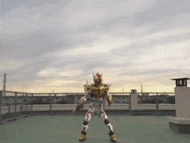 a robot is standing on top of a roof .