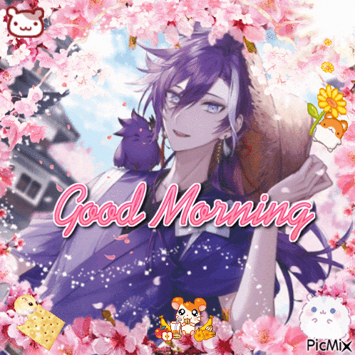 a picture of a man with purple hair and the words good morning on it