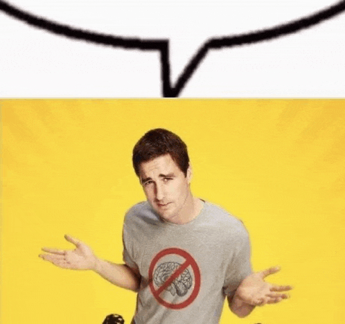 a man wearing a no brain t-shirt is shrugging his shoulders and making a funny face .