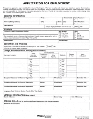 a worksource application for employment form is filled out
