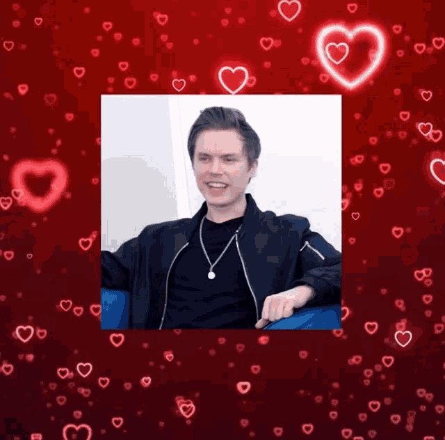 a picture of a man in a black jacket is surrounded by red hearts and the words so cool