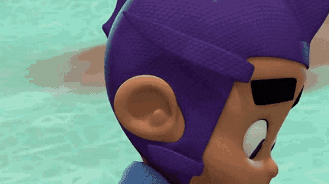 a close up of a cartoon character with a purple helmet