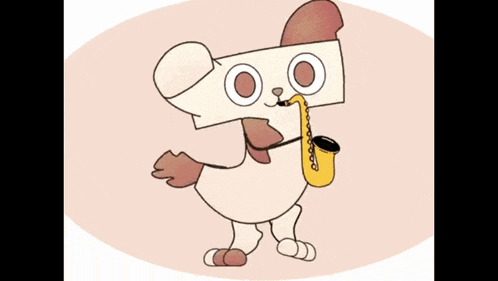 a cartoon dog is holding a saxophone in his mouth