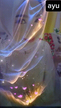 a woman 's face is visible behind a curtain with the word ayu on the bottom right