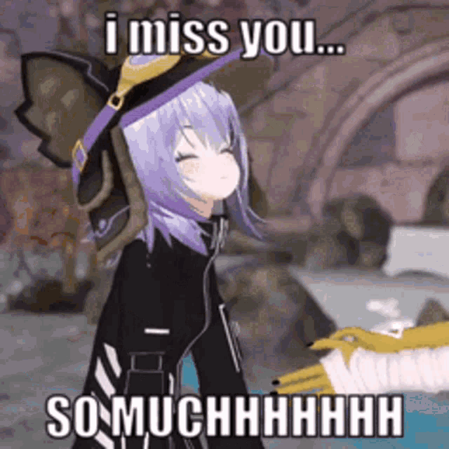 a cartoon girl with purple hair and a witch hat is missing someone .