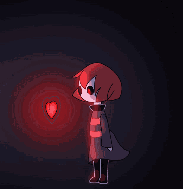 a drawing of a girl with red eyes and a red heart coming out of her chest