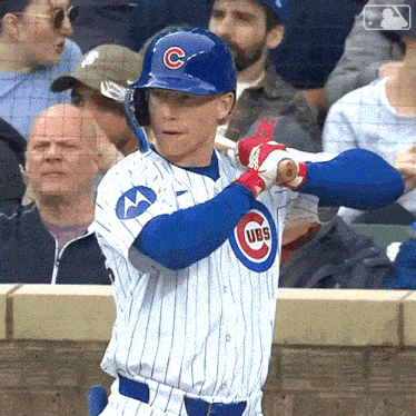 a baseball player wearing a cubs uniform holds a bat