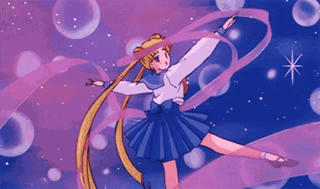 a cartoon of a girl dancing with a pink ribbon