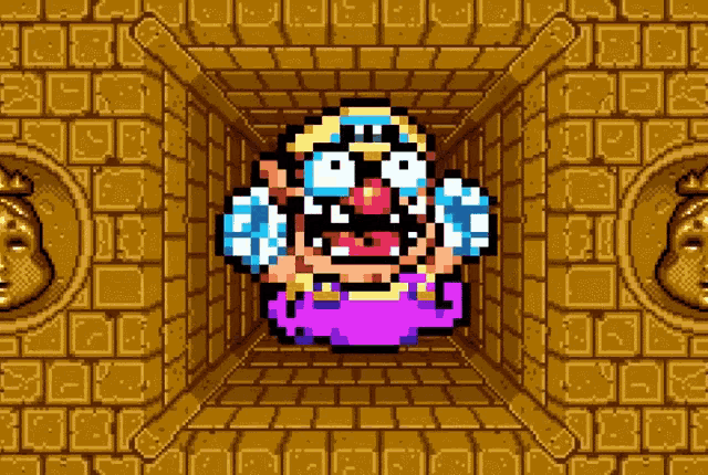 a pixel art drawing of a cartoon character with a purple dress
