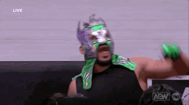 a wrestler wearing a green mask and green gloves is standing in front of a crowd of people .