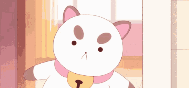 a cartoon cat with pink ears and a yellow collar