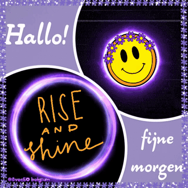 a smiley face with purple flowers on it and the words rise and shine on it