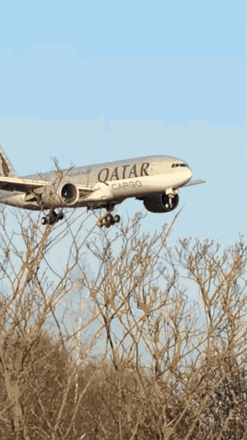 a qatar cargo plane is flying over a field